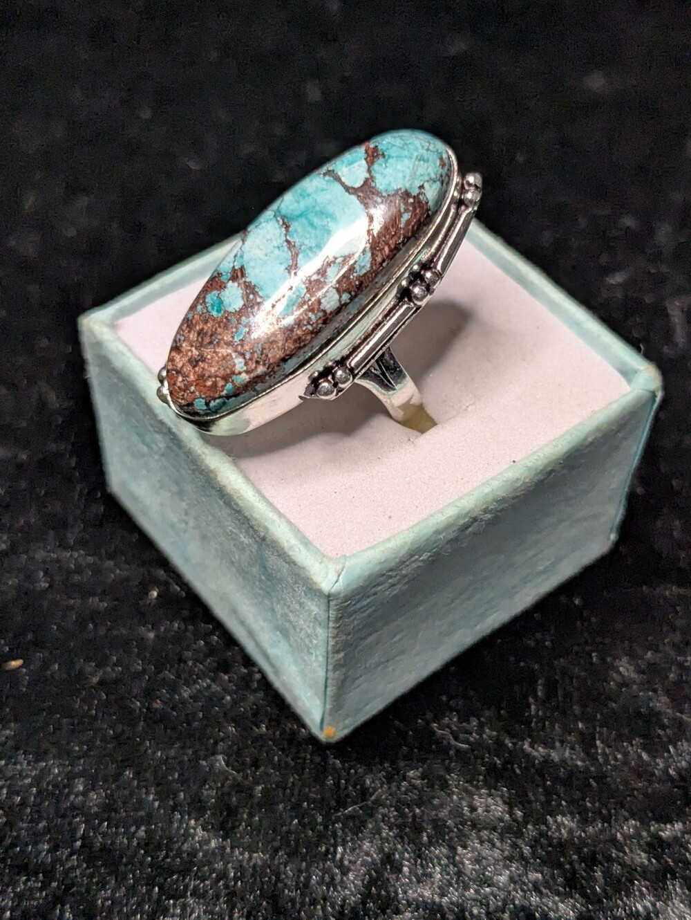 Handcrafted Oblong New Lander Turquoise Ring  (6.5) - Picture 2 of 11